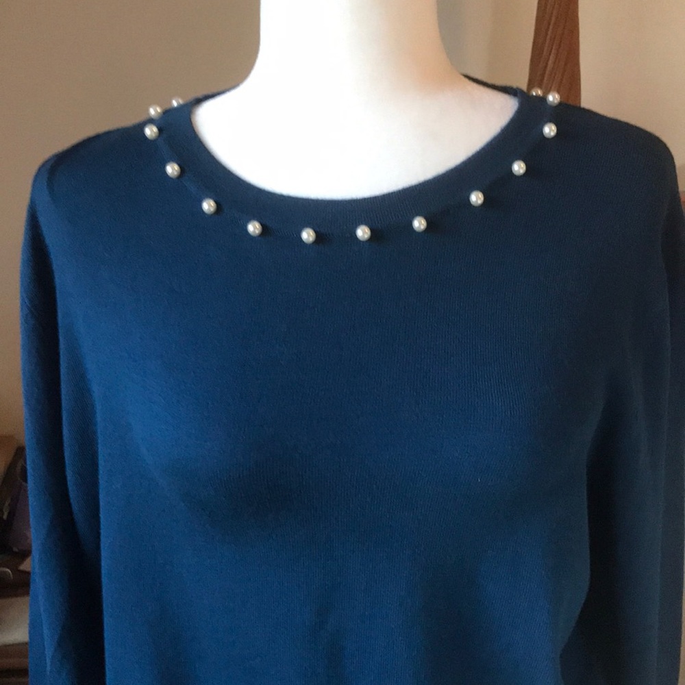 Banned Retro Blue Sweater Pearl Detailing at Neck New with Tags Size 2X